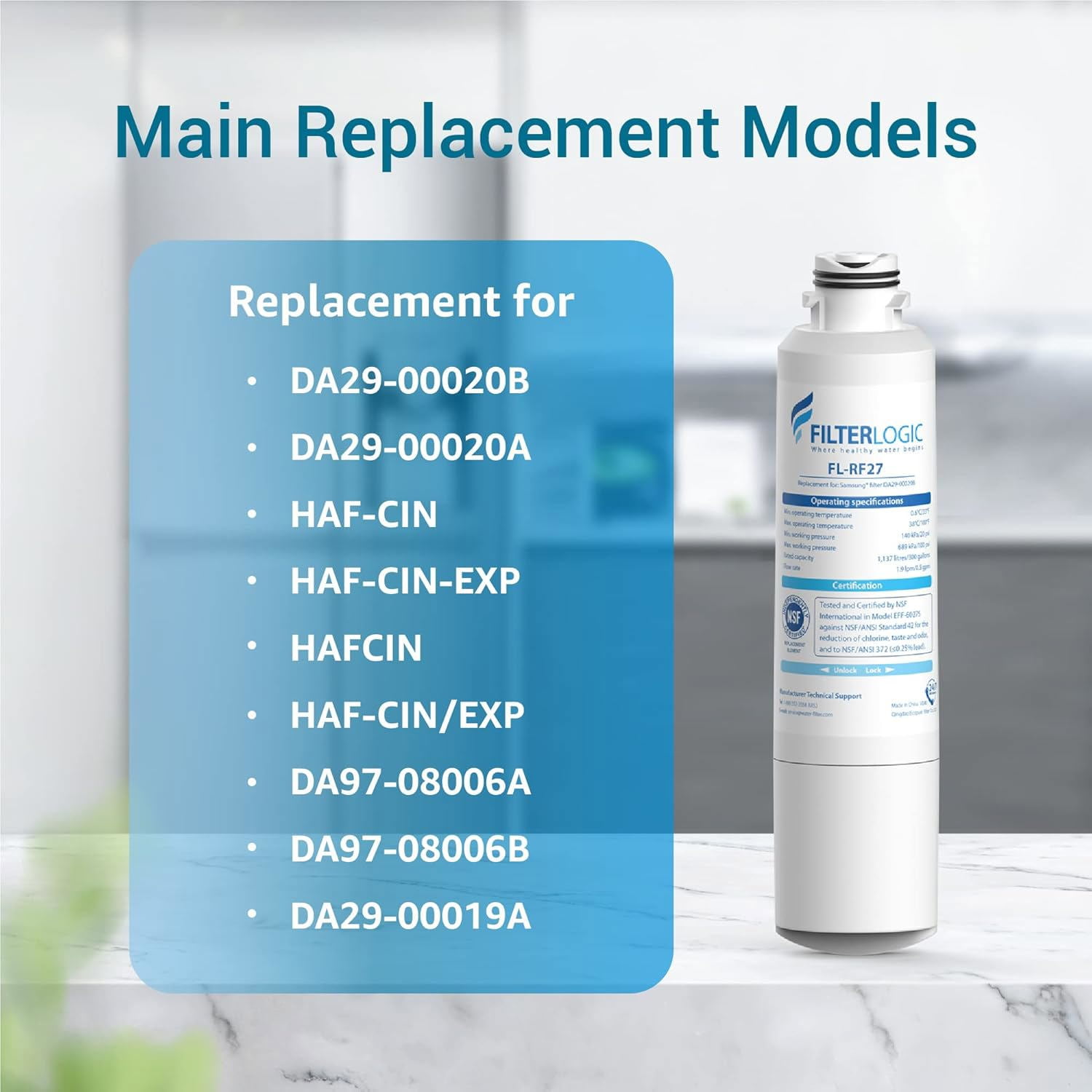 Filterlogic FL-RF27 Refrigerator Water Filter Replacement for Samsung®DA29-00020B,RF28HMEDBSR, RF263BEAESR, HDX FMS-2, HAF-CIN/EXP, DA97-08006A-1, DA29-00020B-1, RF4287HARS, RFG297HDRS, 4 PACK