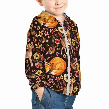 

Uemuo Woodland Creatures Floral Pattern Rash Guard for Boys Girls Long Sleeve Swim Shirts UPF 50+ UV Sun Protection Hooded Fishing Shirt with Pocket for Kid-4 Years