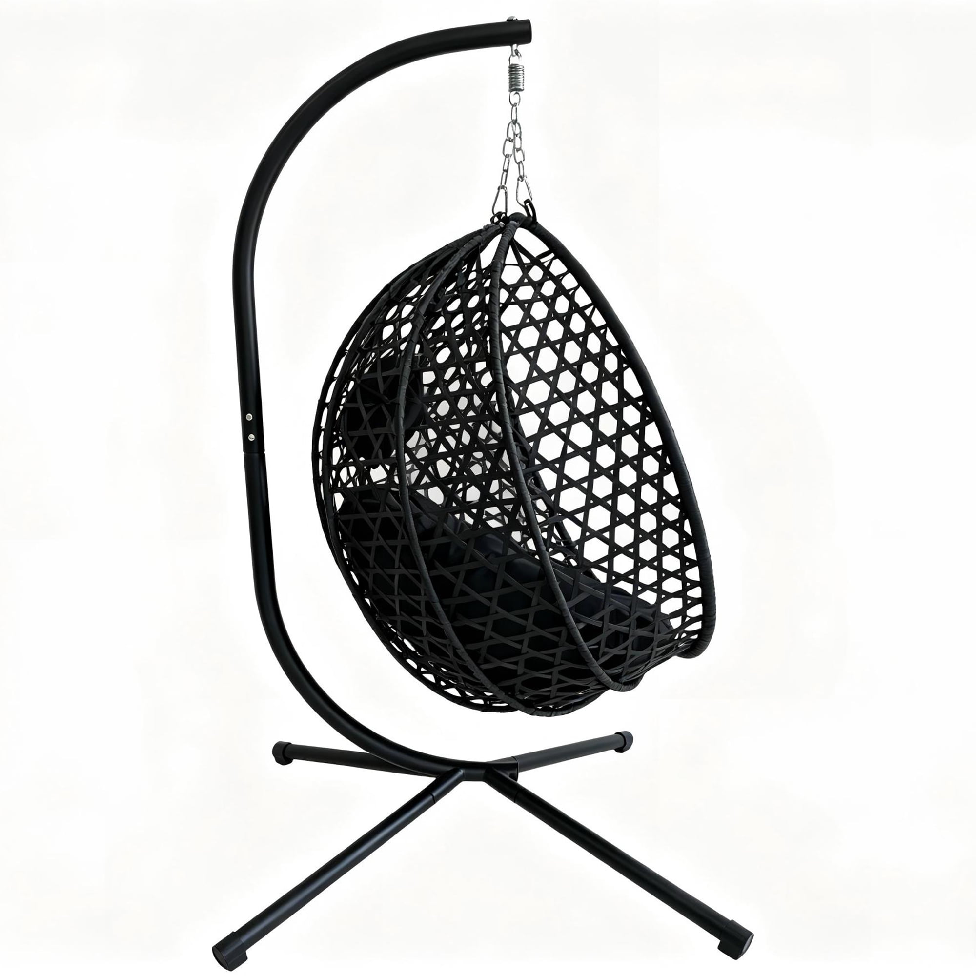 Foldable Hanging Egg Chair with Stand, HDPE Rattan Wicker Swing Chair with Cushion, Heavy Duty Frame 350 Lbs Capacity, Outdoor Patio Indoor Bedroom Balcony