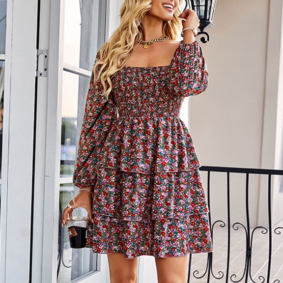 Njagoc3 Womens Square Neck Long Sleeve Floral Dress, Fit & Flare Casual Gown, Summer Party & Daily Wear