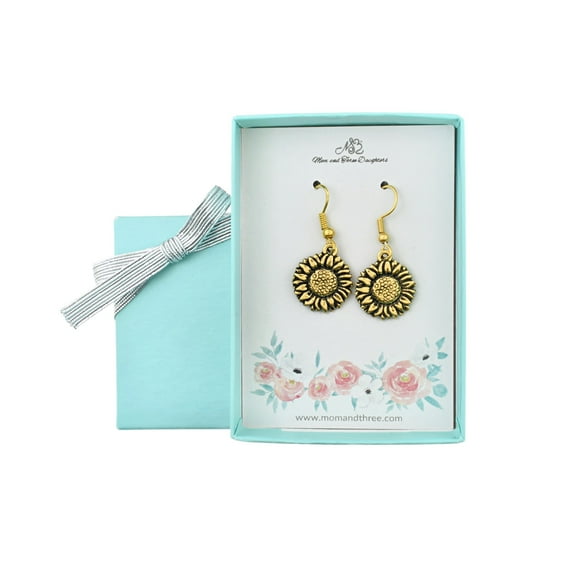 Sunflower earrings in gold toned metal. Sunflower earrings. Sunflower gifts. Sunflower Jewelry. Sunflower charm. Sunflower earrings