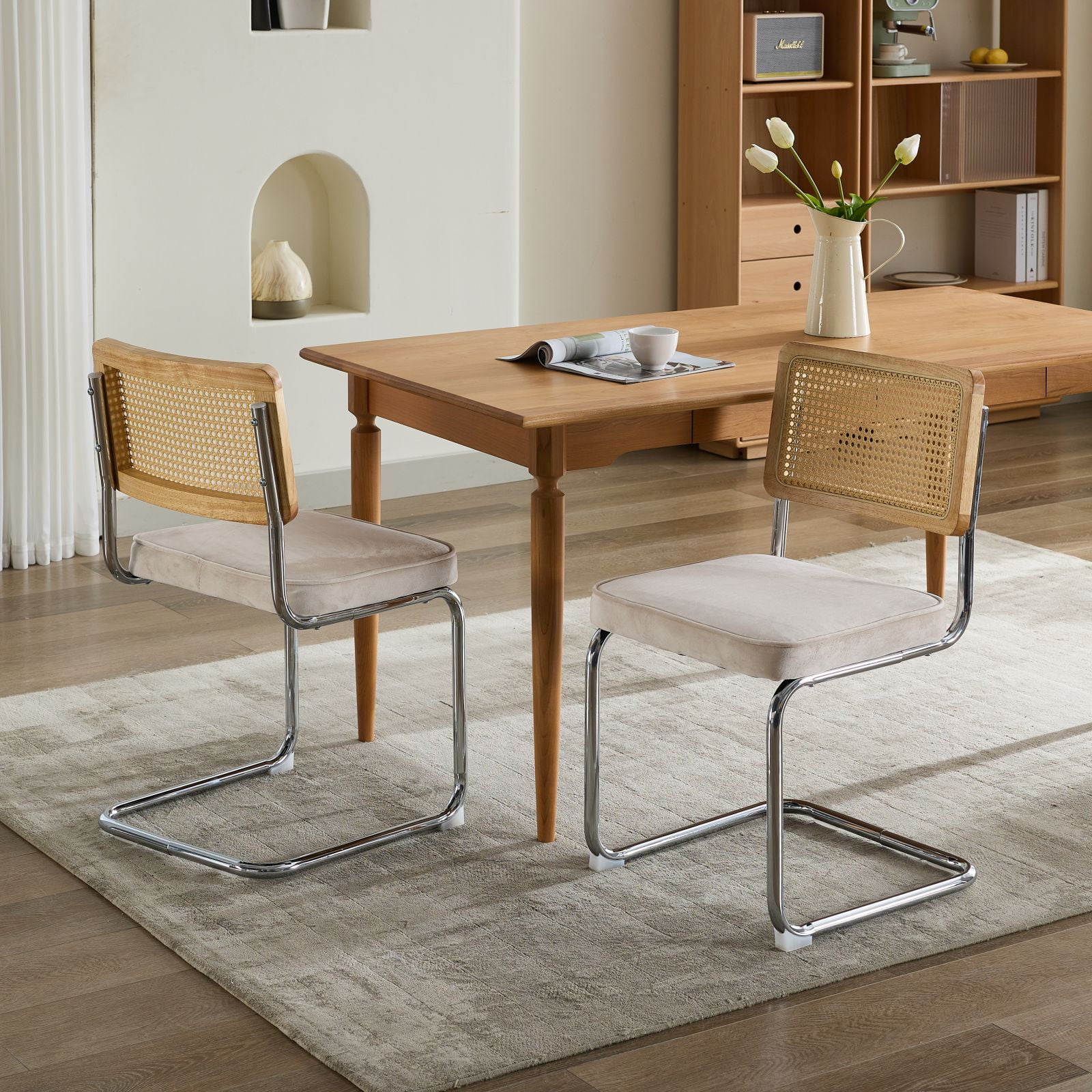 Aukfa Velvet Dining Chair Set of 2, Cantilever Upholstered Kitchen Side Chairs Accent Chair with Rattan Back & Stainless Chrome BaseBeige