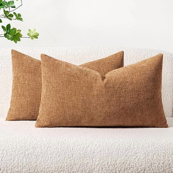 Pack of 2 Brown Throw Pillow Covers 12x20 Inch Soft Chenille Pillow Covers for Sofa Living Room Couch Solid Dyed Cases
