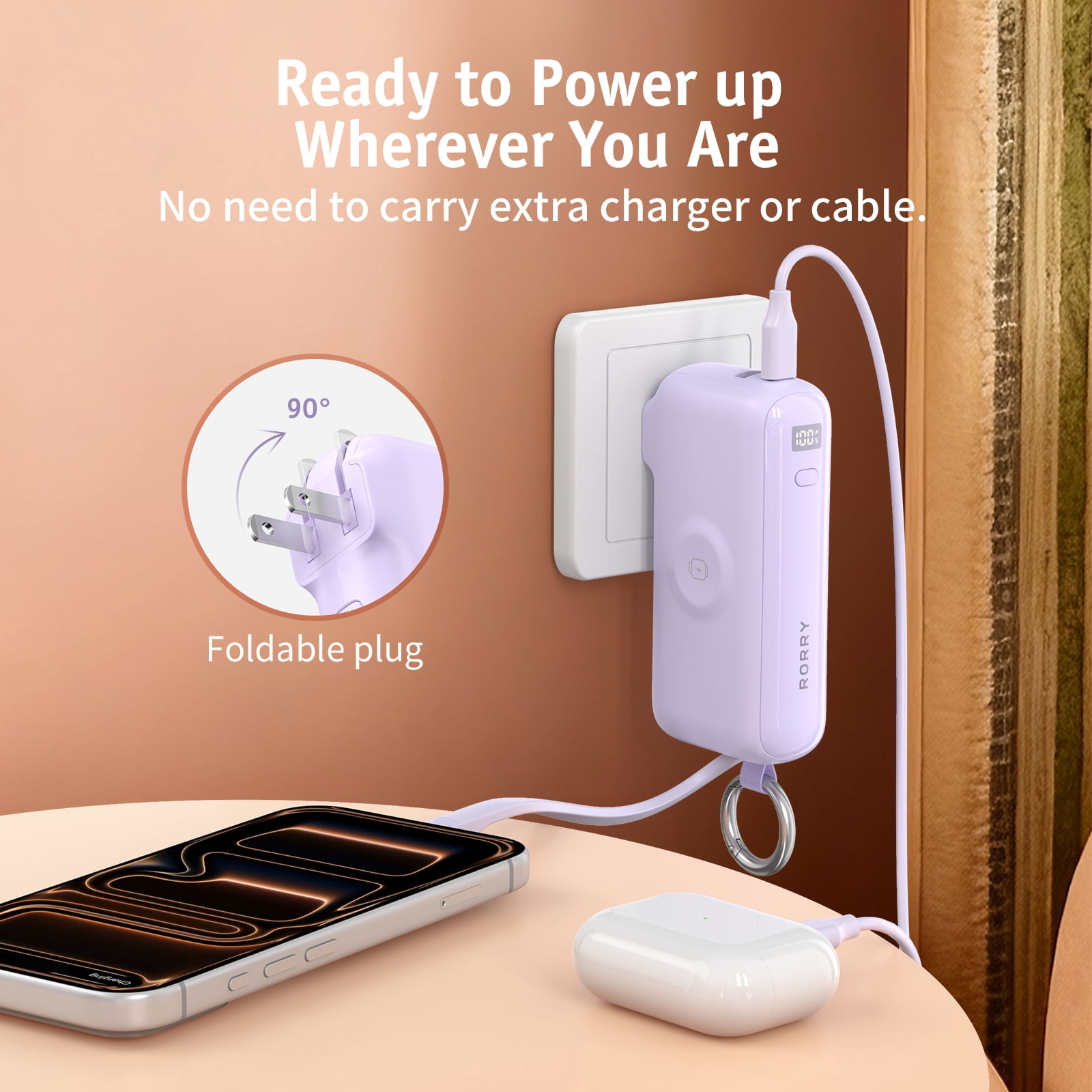 RORRY Flow 10000mAh Portable Charger with Built-in USB-C Cable & Foldable Wall Plug, 40W Fast Charging Power Bank Compatible for iPhone 17/16/15, Apple Watch, iPad, MacBook, Android, Berry pink