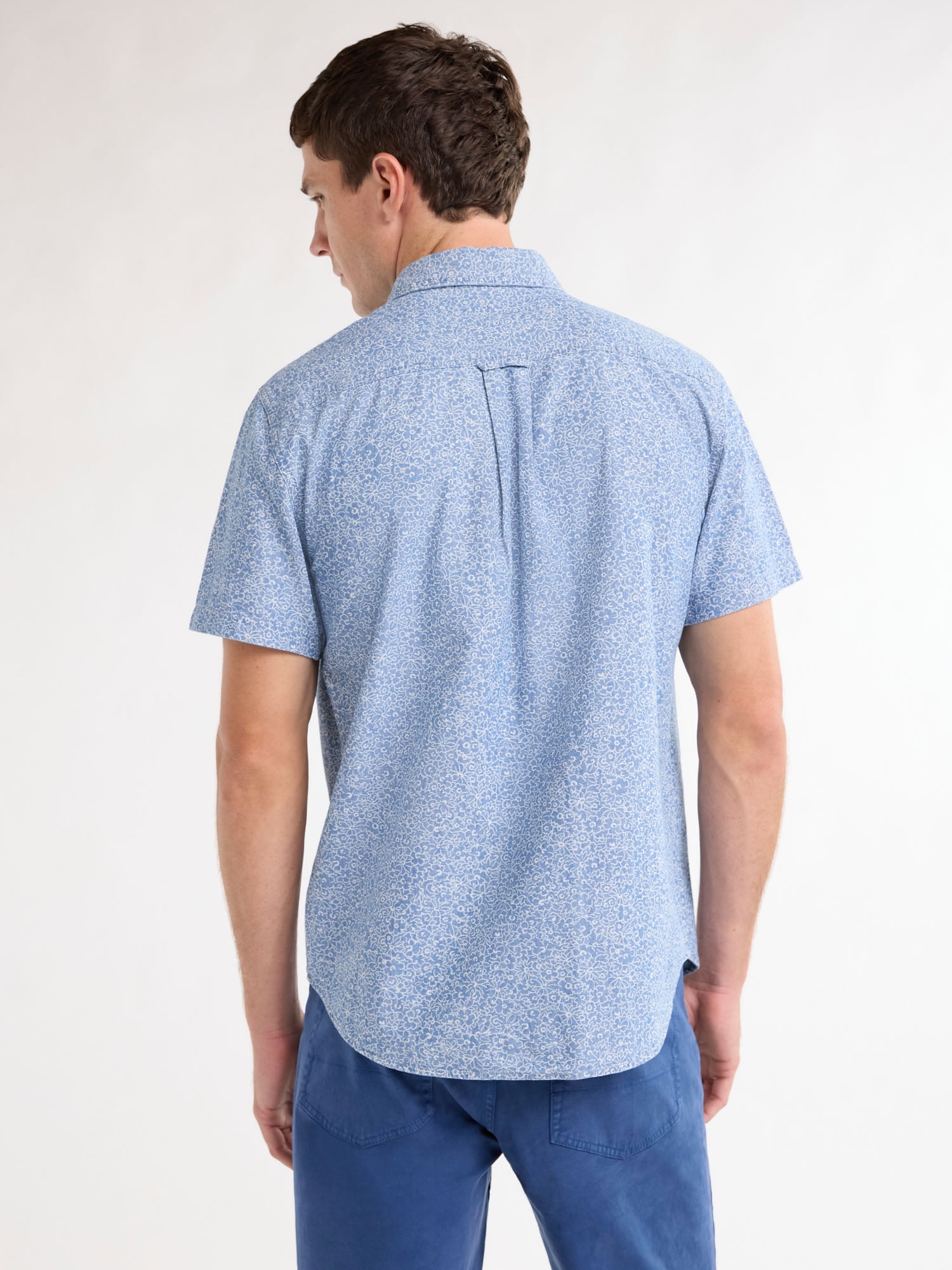 Free Assembly Men’s Print Cotton Chambray Shirt with Short Sleeves, Sizes S-3XL
