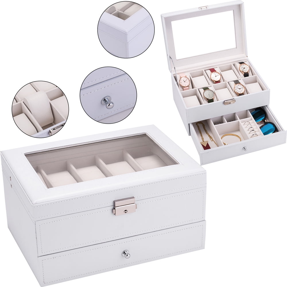 Kepooman 10 Slots Watch Box, Watch Dislpay Box Organizer, Pu Leather with Glass Top, White