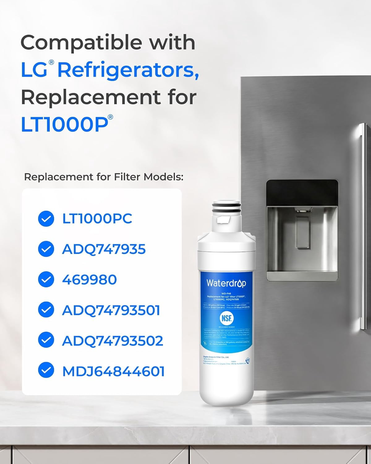 Waterdrop Refrigerator Water Filter, Replacement for LG® LT1000P®, LT1000PC, ADQ74793501, ADQ74793502, Kenmore 46-9980, 9980, LFXC24796S, LSFXC2496D, NSF Certified, 3 Packs