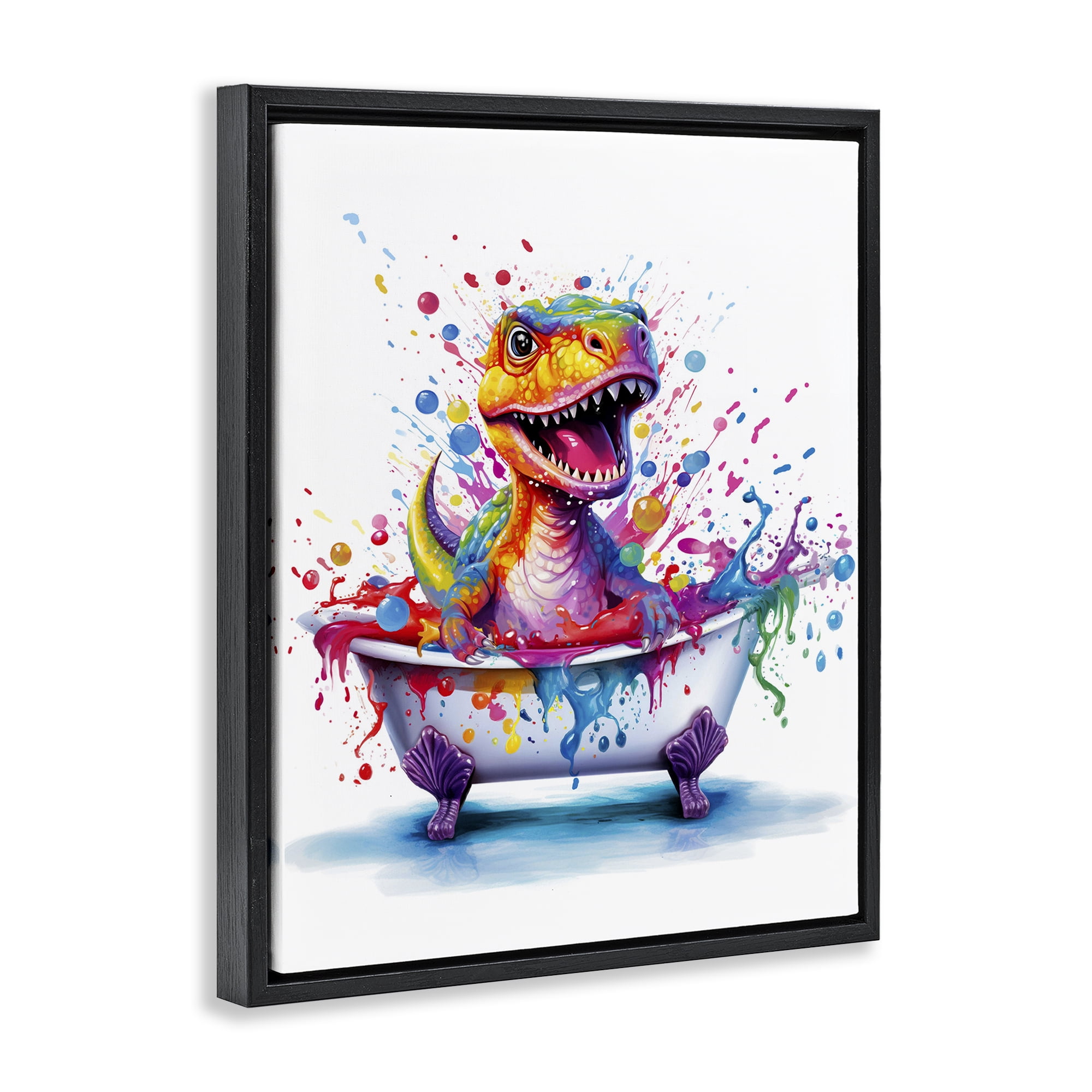Stupell Industries Modern Splatter Dino Typography Painting Black Floater Framed Canvas Art Print Wall Art, 25 x 31