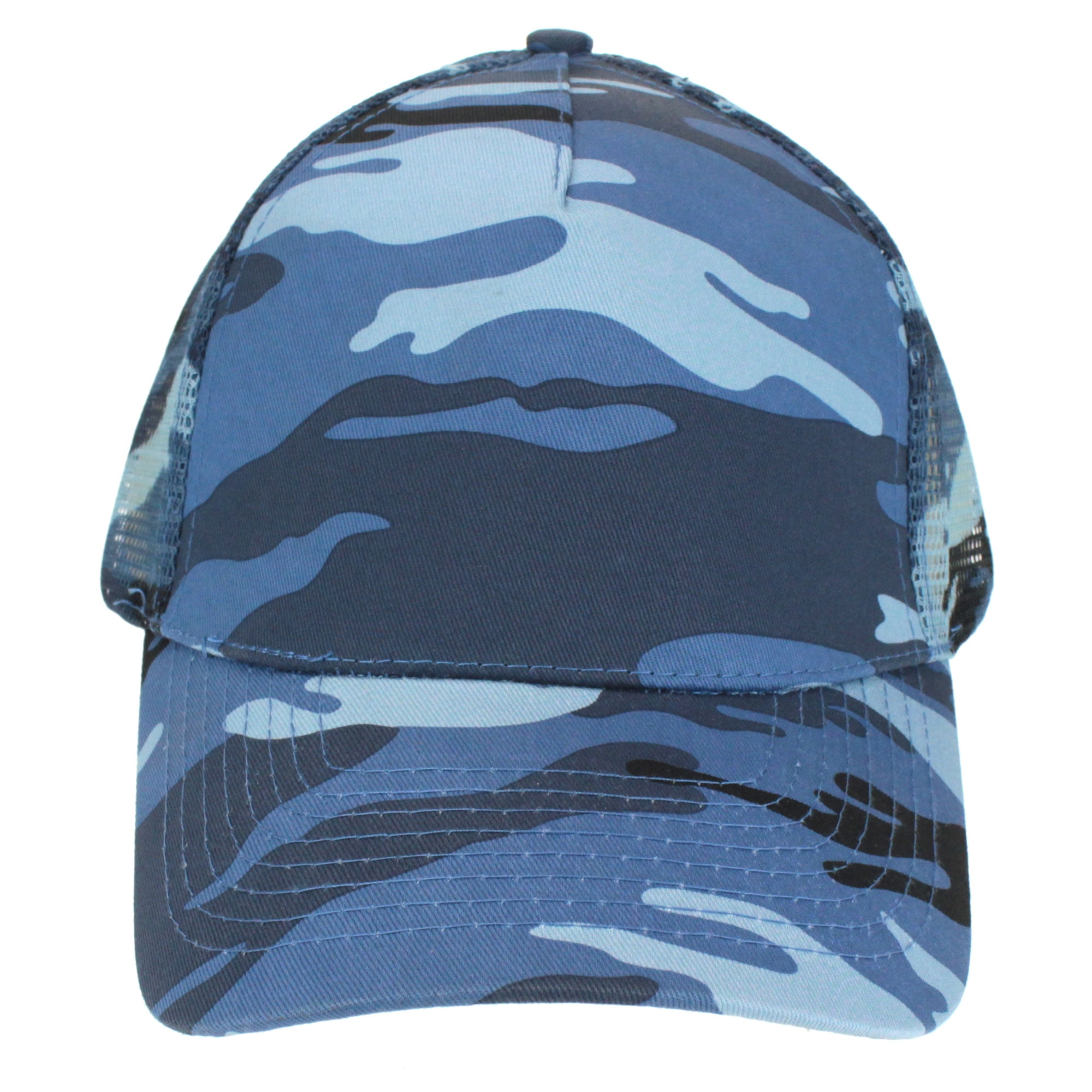 Mens Low Crown 5 Panel Camouflage Twill Mesh Trucker Hat Blue Camo 