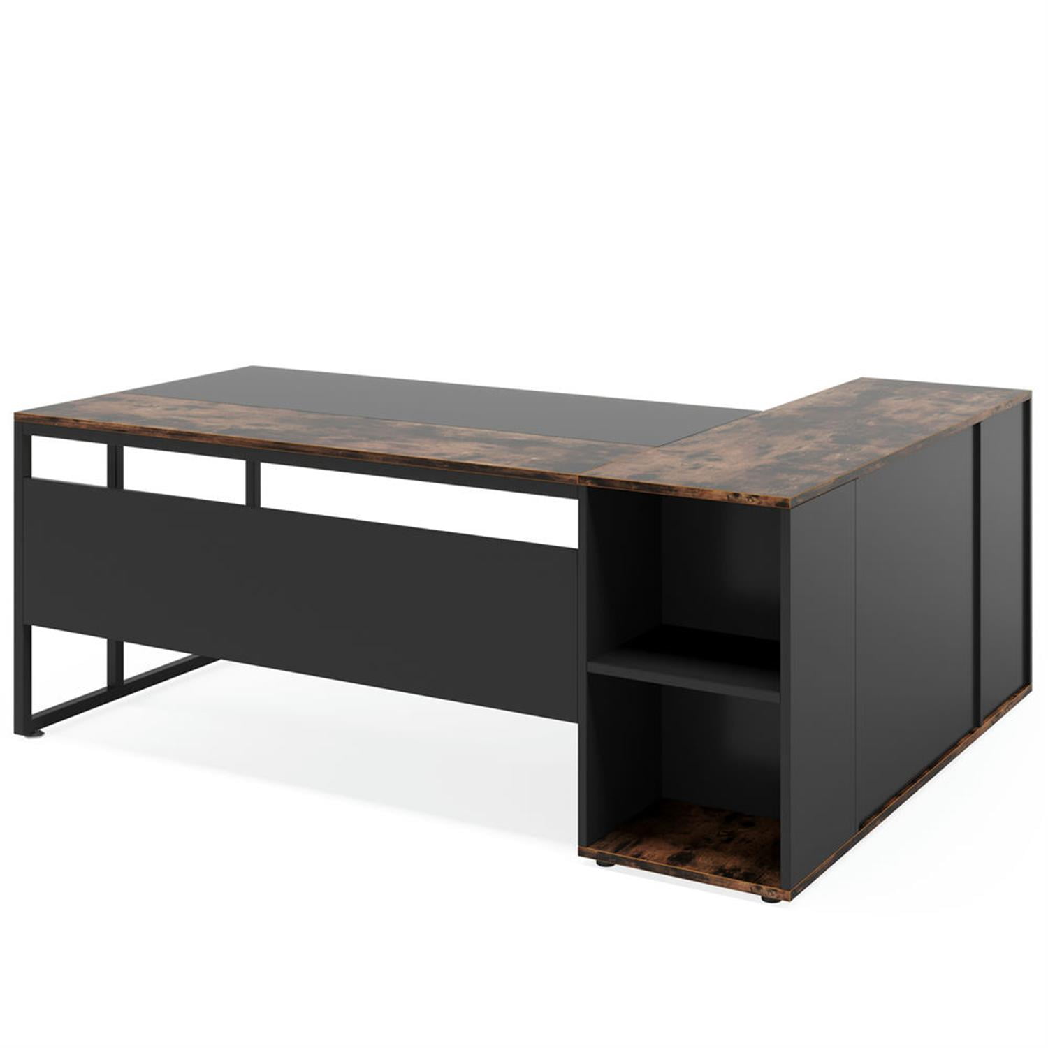 Demi Bonn Modern L Shaped Gaming Desk, 71" Executive Desk with Shelves and Lateral File Cabinet for Home Office, Brown
