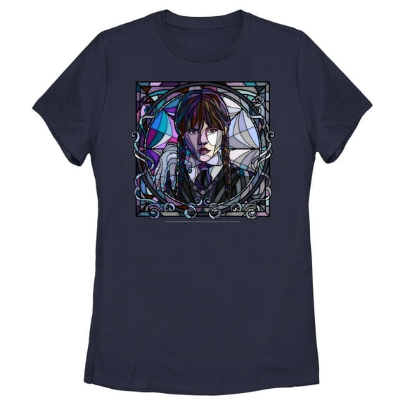 Women's Wednesday Stained Glass Addams Portrait  Graphic Tee Navy Blue Medium