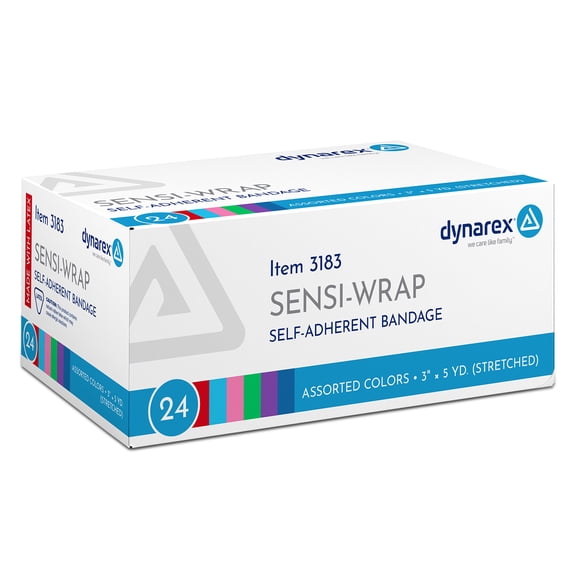 Dynarex Sensi-Wrap Self-Adhesive Bandages, 24-Pack, 3" x 5 yards, Assorted Colors, Latex, Colored Elastic Cohesive Athletic Tape, Tattoo Grip & Vet Wrap