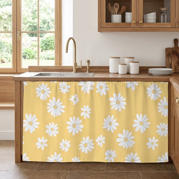 Under Sink Cabinet Curtain 28''W x 35''L, White Yellow Daisy Storage Cover Curtains, Spring Summer Floral Botanical Self Adhesive Cabinet Skirt for Kitchen/Bathroom Vanity/Laundry Room/Open Shelf
