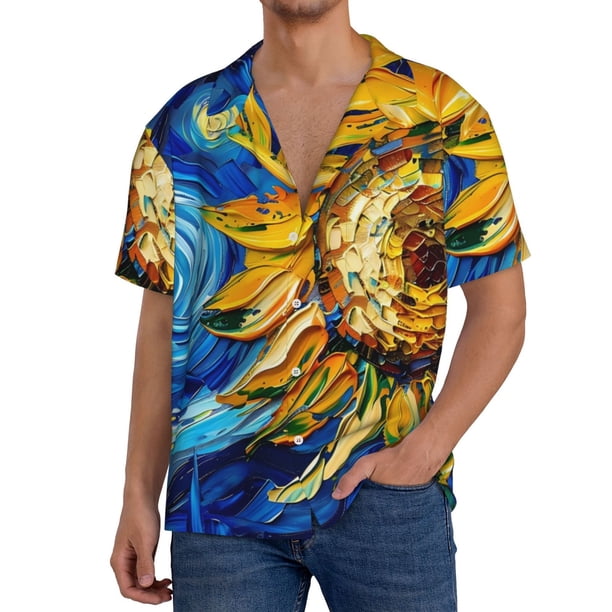 Fotbe vintage Starry Sunflower Camisa Estampada de Manga Corta para Hombre, Casual de Verano, Estilo Playero, Sin Arrugas-X-Large