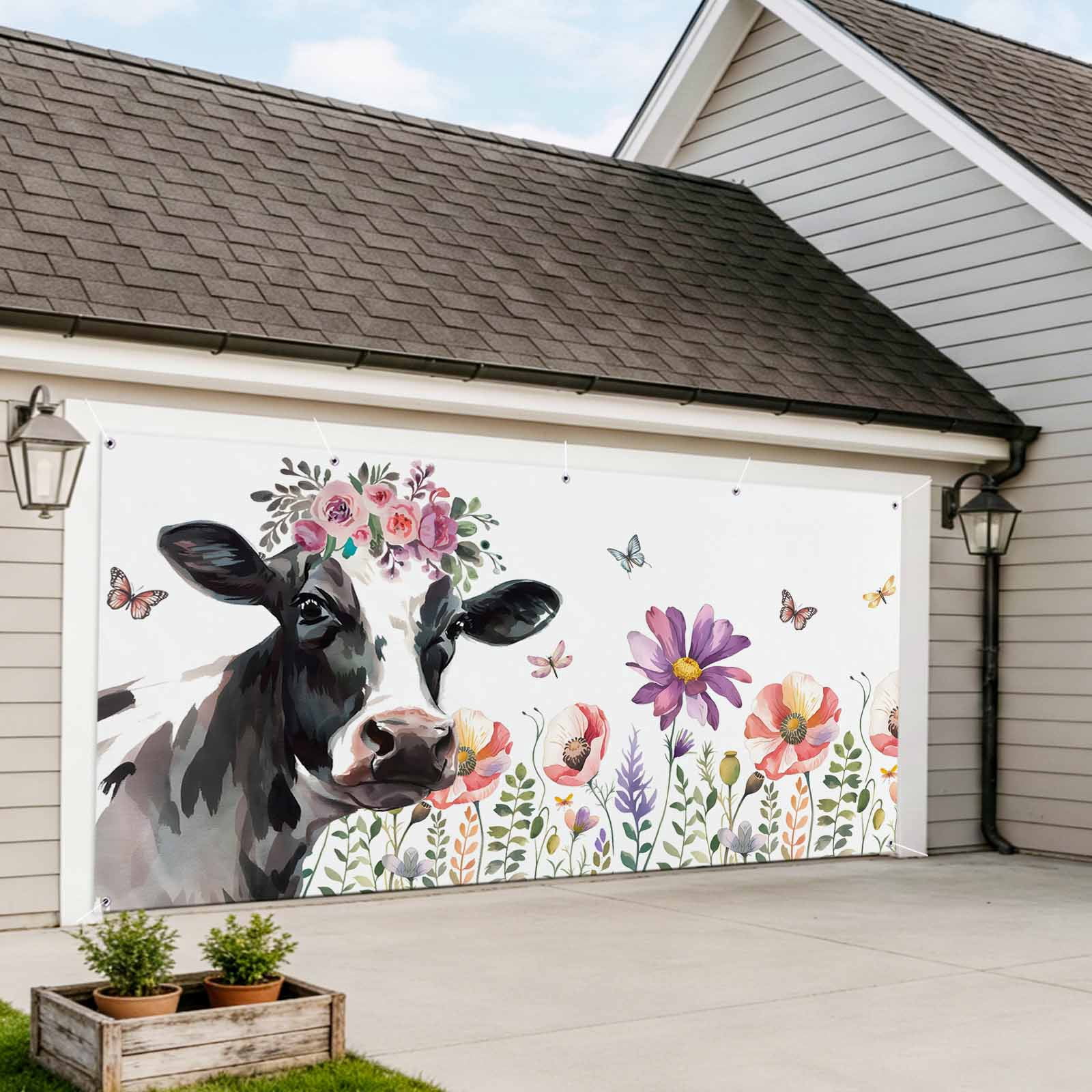 Cow Flower Garage Door Cover Banner 7 x 16 FT, Farmhouse Cattle Botanical Butterfly Floral Garage Door Curtains Backdrop with Grommets for Indoor Outdoor Wall Party Porch Yard Decorations Background