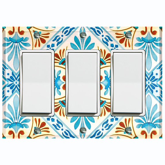 Metal Light Switch Plate Cover Fancy Teal Beige Tile Pattern TIL020