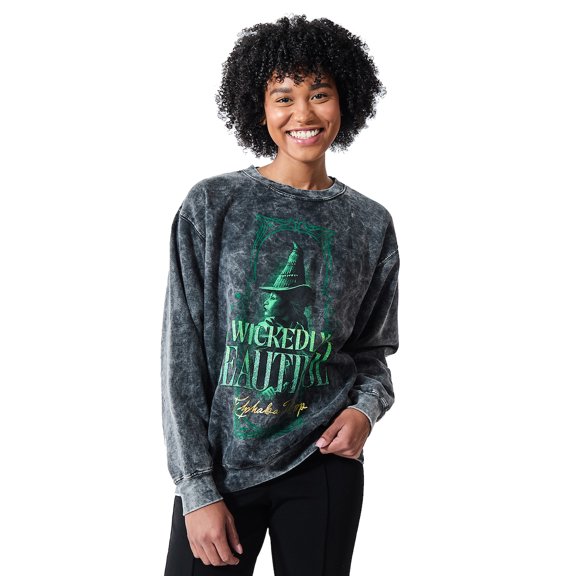Wicked Elphaba Wickedly Beautiful Women's Mineral Wash Crew Neck Long Sleeve Sweatshirt-Medium