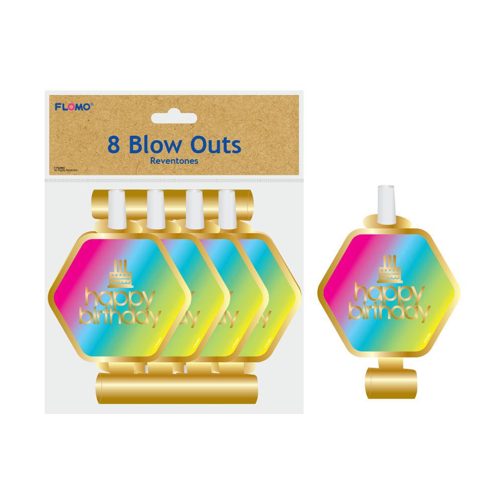 Metallic Rainbow Ombre Happy Birthday Party Blowout Noisemakers,Pack of