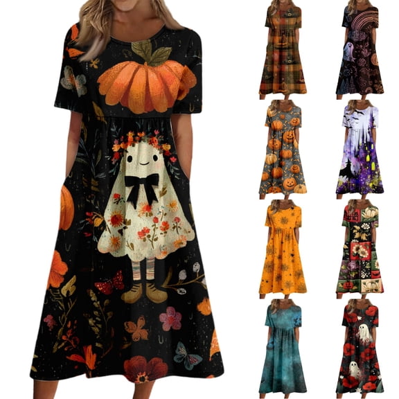 Women's Halloween Print Round Neck Casual Dress with Pockets Short Sleeve Loose Fit Midi Dress Plus Size for Daily Wear Autumn Outfit Black L