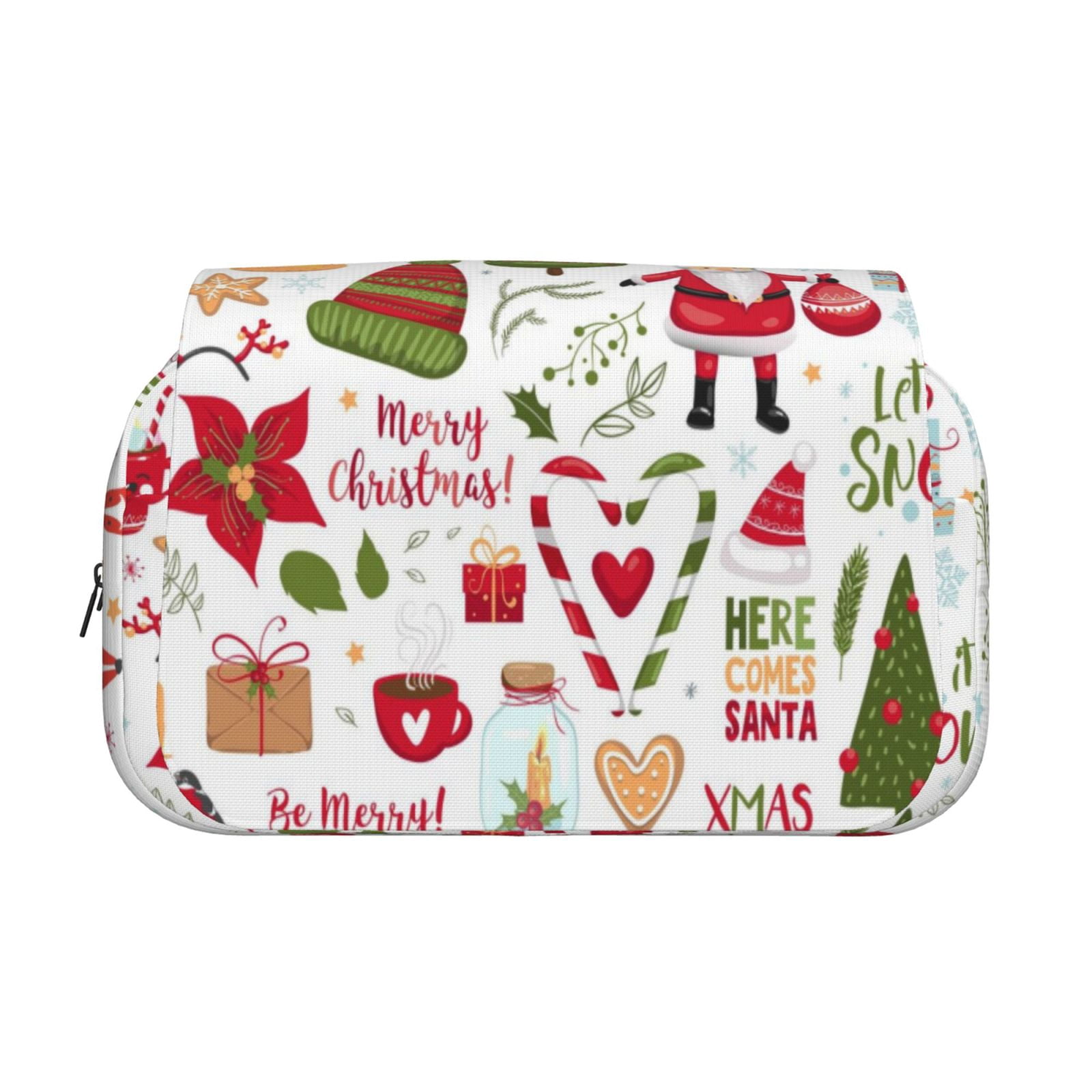 Rateoe Snowflakes Santa Claus Pattern Double Clamshell Pen Case, Storage Organizer with Two Zipper Compartments– Holds Up to 50 Pencils & Pens