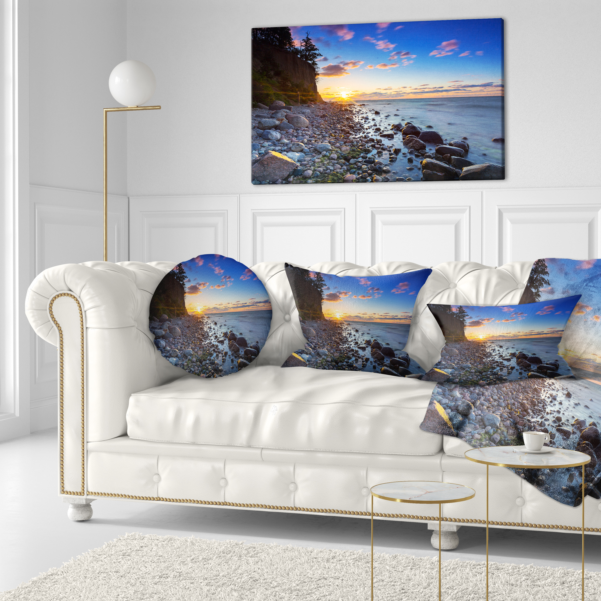 Designart Baltic Sea and Orlowo Cliff at Sunrise - Seascape Throw Pillow - 12x20