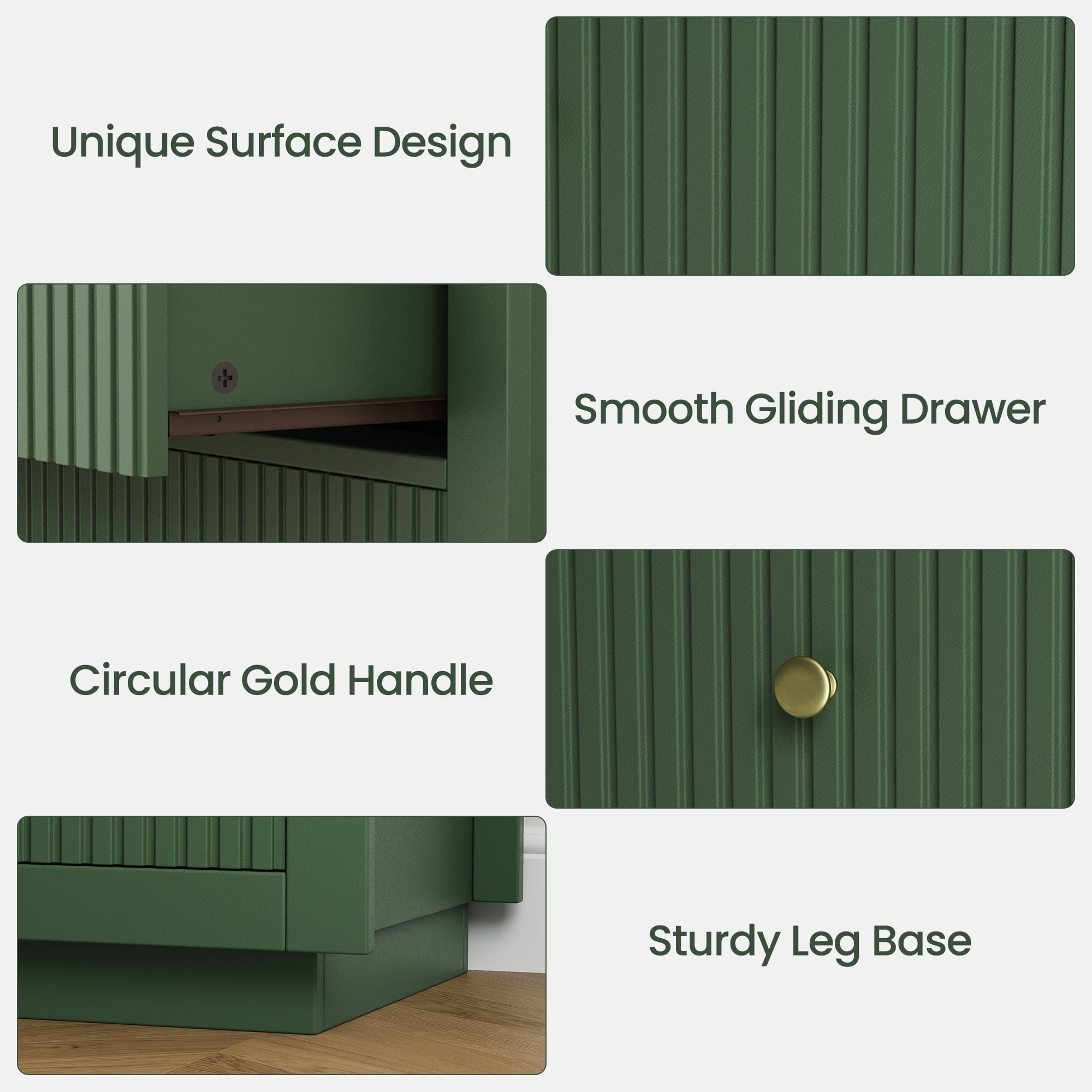 IDEALSOUL Nightstand Set of 2, 24" Wide End Table with Storage, Fluted Nightstand with USB Charging Station, Large 3 Drawers nightstand for Bedroom Living Room(2pc, Green)