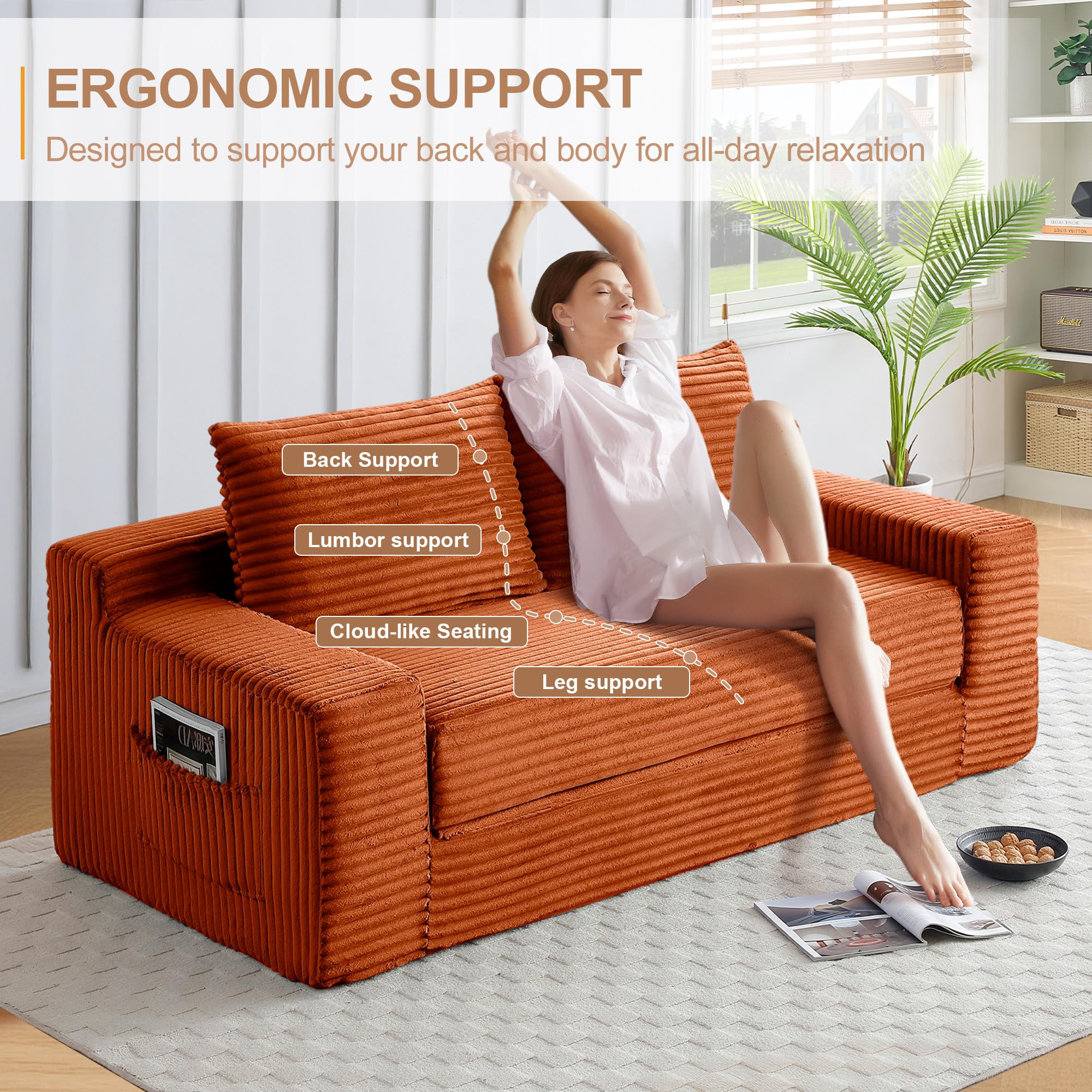 Aukfa 73" Chaise Futon Convertible Sofa Bed Boneless Couch, 2 Pillows&Side Pockets, Queen Size, Corduroy, Orange