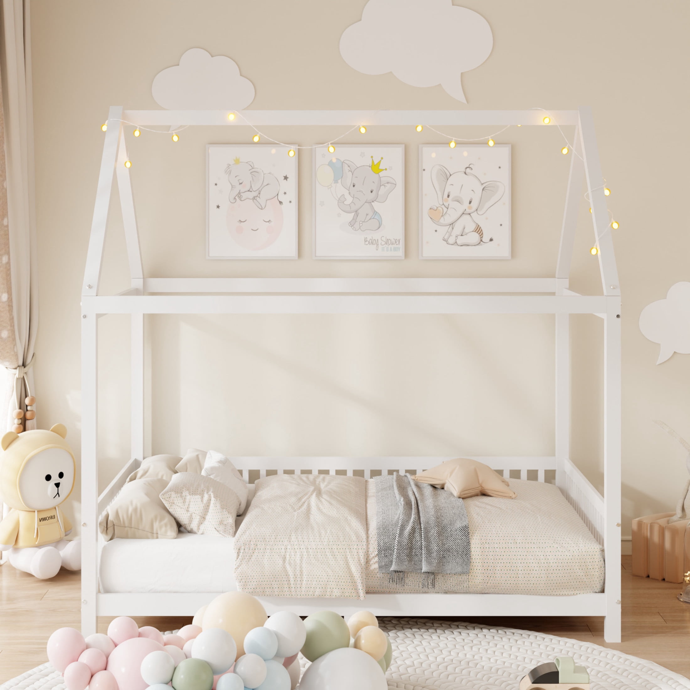 Noble House Auburn Full Size Wood House Bed with Integrated Guardrail and LED Lights, Sturdy 4-Poster Play Bed, White
