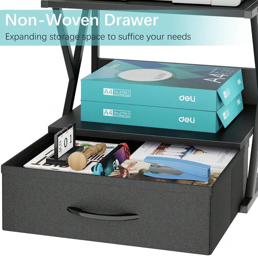 Printer Stand For Desk With Storage Drawer, 2 Tier Desktop Or Under Desk Shelf, Multi-Purpose Desk Organizer For Home Office, Fit Fax Machine/3D Printer/Scanner, Black