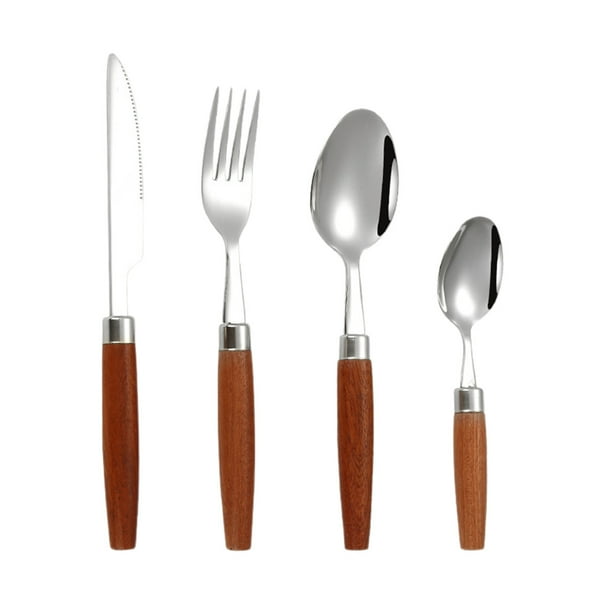 Pisexur Batería de cocina Cubiertos de acero inoxidable, cuchillo, tenedor y cuchara, mango de madera con clip, cubiertos con mango de madera de imitación, cuchillo y para la cocina del hogar