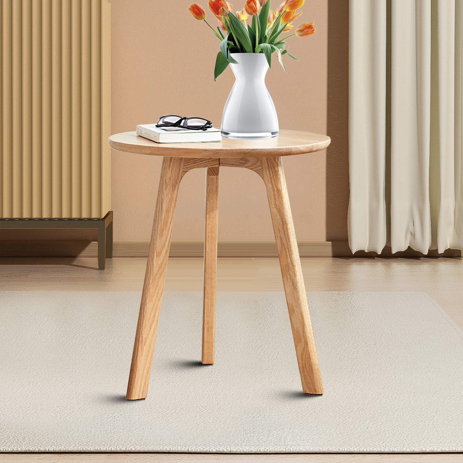 Minimalist Nature Style Round End Table with Oak Wooden Frame for