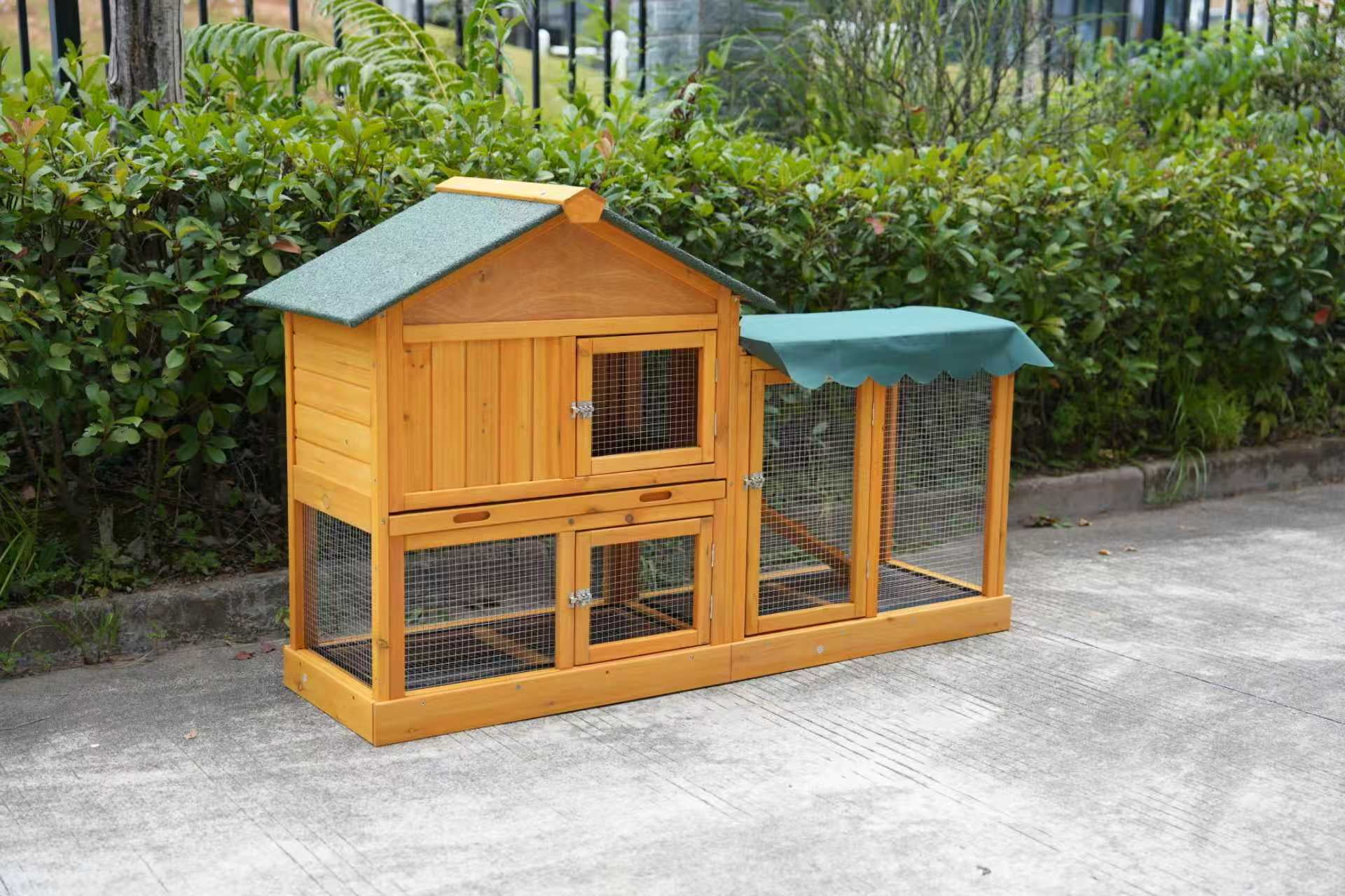 Indoor/Outdoor Rabbit Hutch with Run, Deeper No-Leak Tray, UV Panel, Removable Wire Mesh & Waterproof Sun Cover