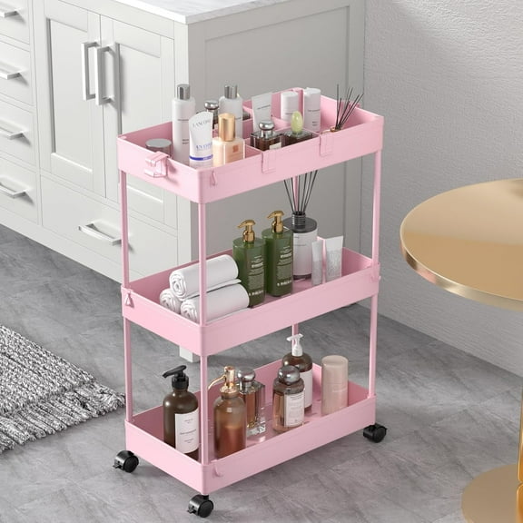 3 Tier Rolling Cart with Wheels, Storage Craft Art Trolley Organizer Serving, 3 Hanging Baskets Easy Assembly, for Office, Living Room, Kitchen, Pink