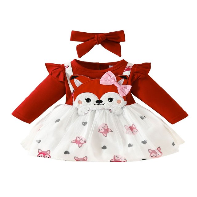 Robe d'Automne pour Bébés Filles Fox Robe à Manches Longues avec Nœud Robe Princesse Décontractée en Tulle avec Bandeau