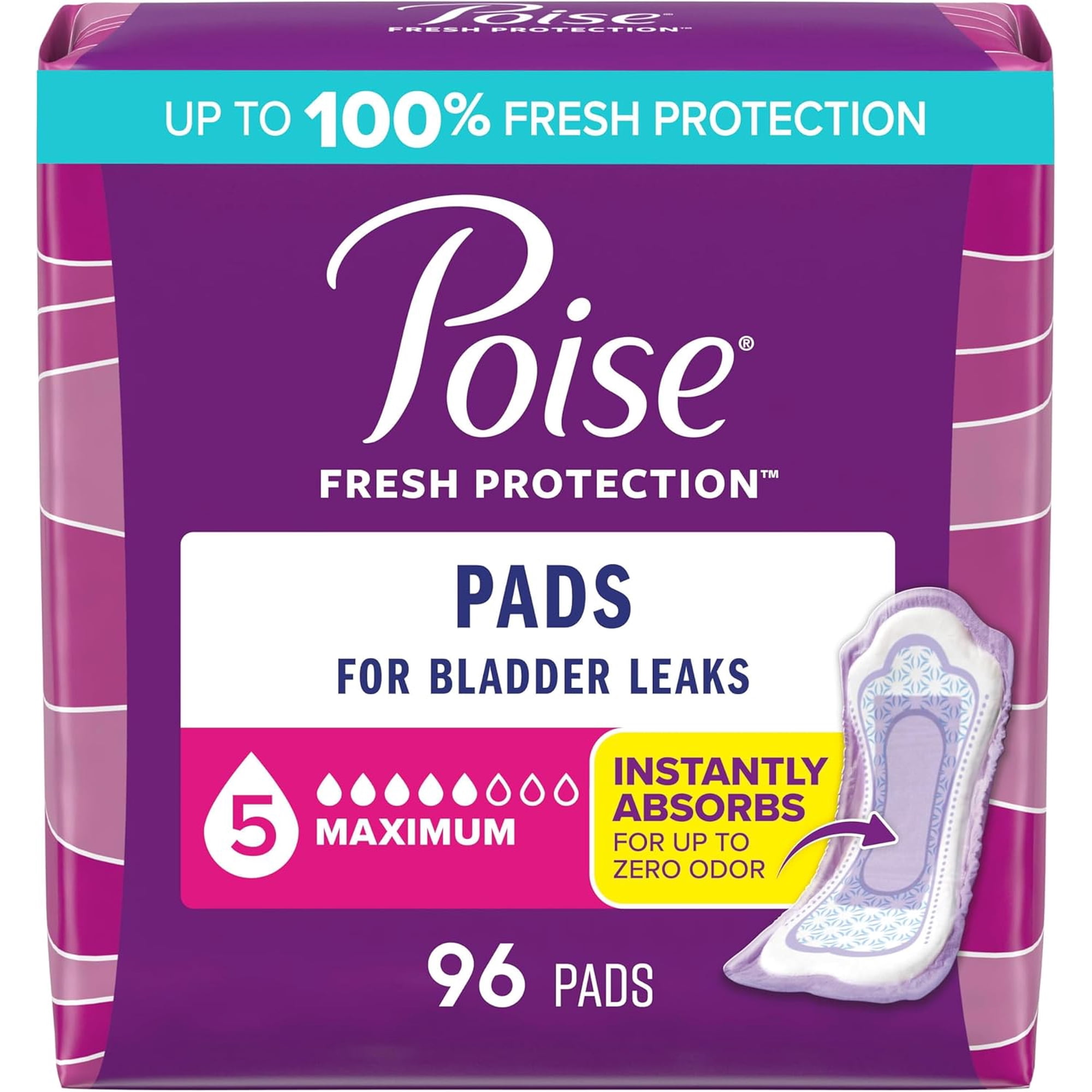 Incontinence & Postpartum Pads for Bladder Leaks 5 Drop Maximum Absorbency Regular Length 96 Count Packaging May Vary
