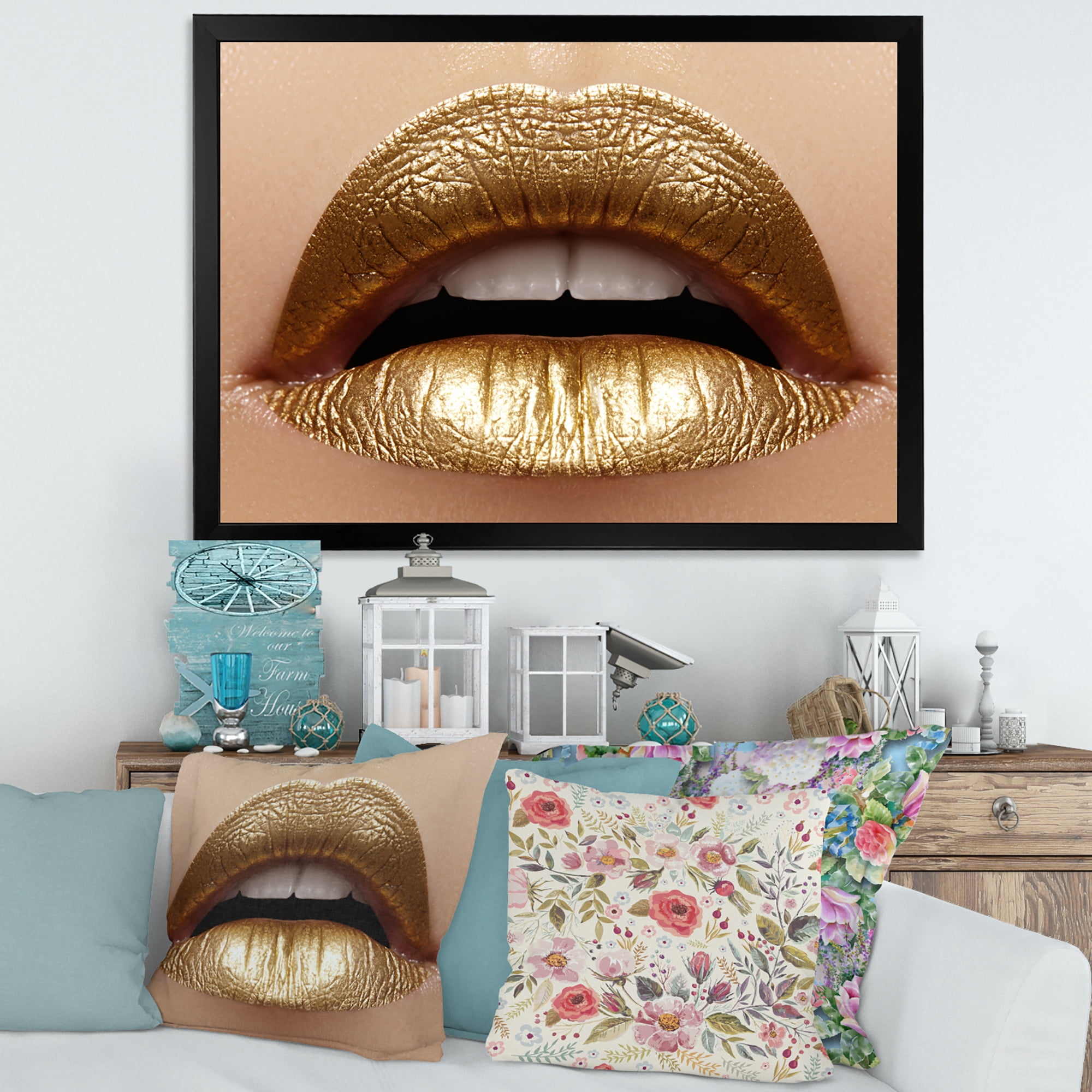 Designart 'Close Up of Woman Plump Lips With Golden Lipstick' Modern Framed Art Print