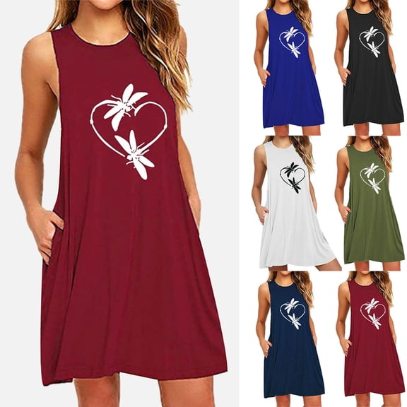 Azrian Summer Dresses,Plus Size Women Dress Fashion Womens Pocket Printing Sleeveless Casual Nightdress Dresses