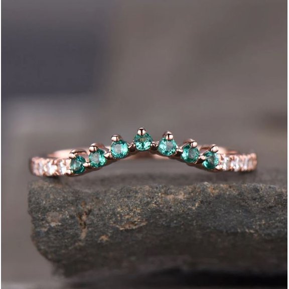 Emerald Ring Curved Band Wedding Engagement Anniversary Gift 925 Sterling Silver Rose Gold Plated Gemstone Jewelry For Women Gift