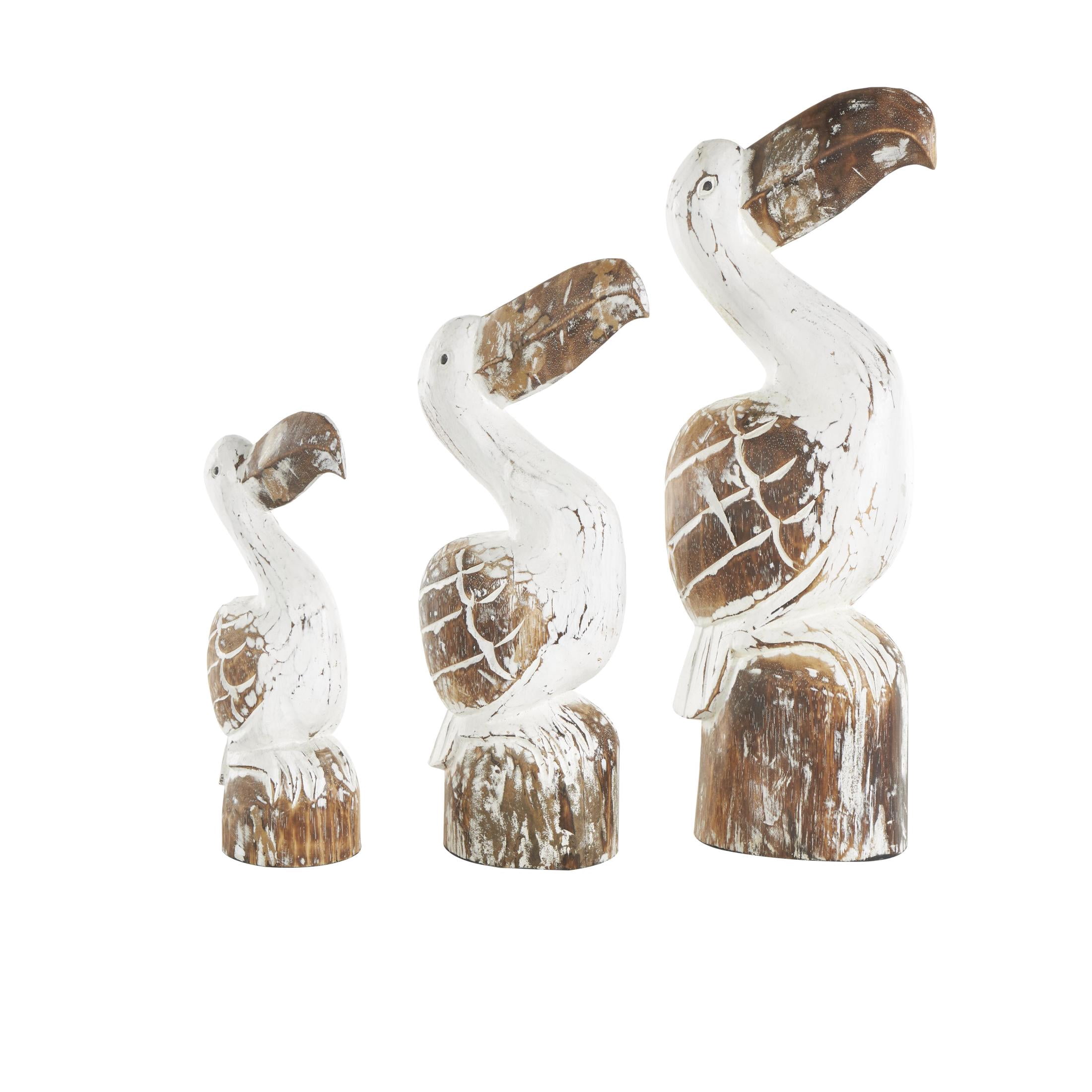 20", 16", 12"H White Wood Handmade Distressed Pelican Sculpture with Brown Accents, by DecMode (3 Count)