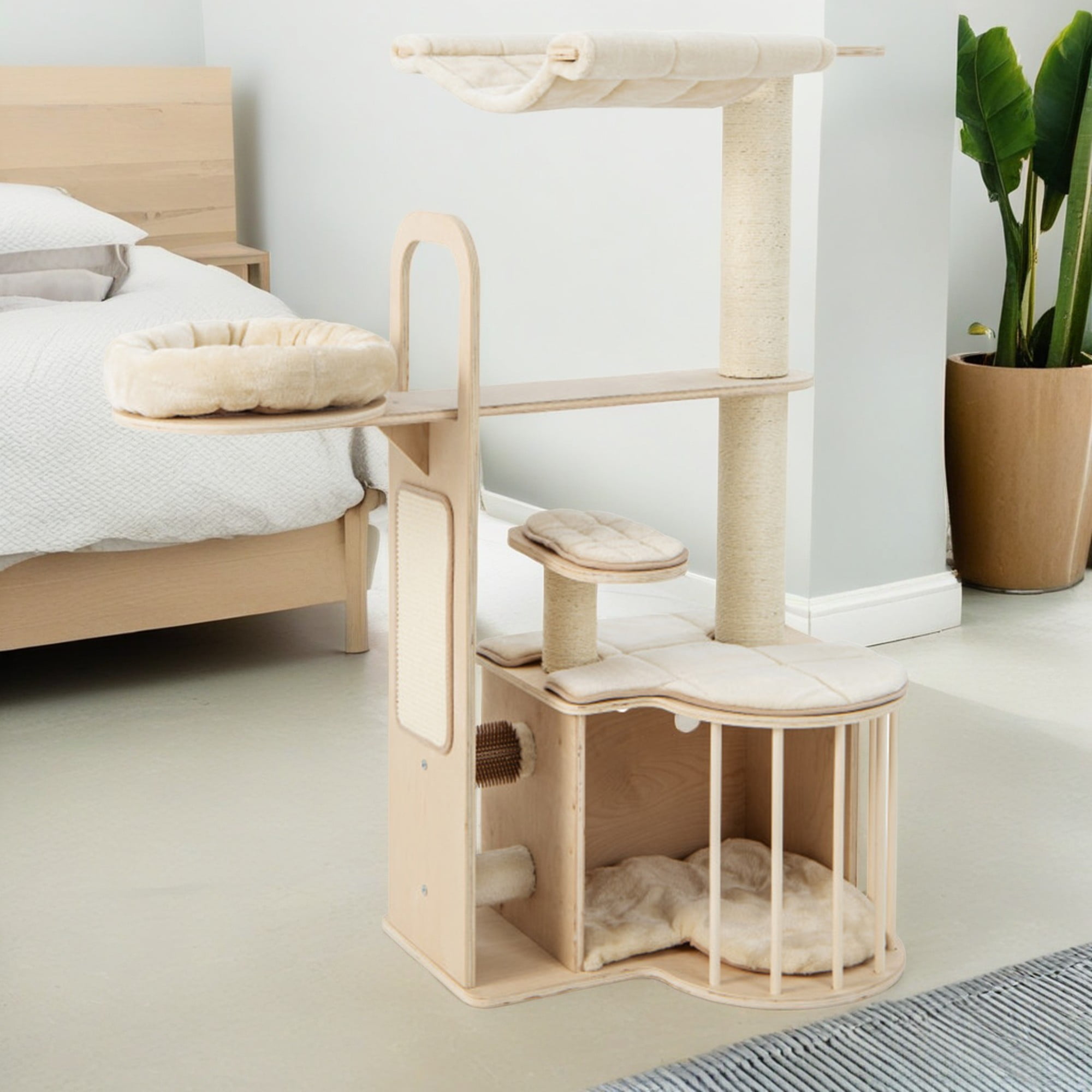 resenkos 55" Cat Tree Tower with Wood Cat Condos, Large Perch and Totally Wrapped Sisal Posts, Modern Cat Tree House, Beige