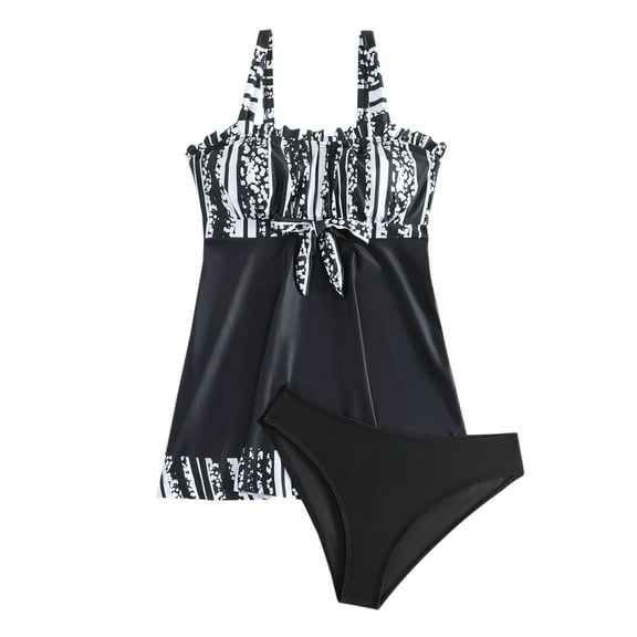 Hvot&aat Women's Fashion Ruffle Tankini Two Piece Floral Printing Tie Front Bathing Suit olorblocking Backless Swimsuit