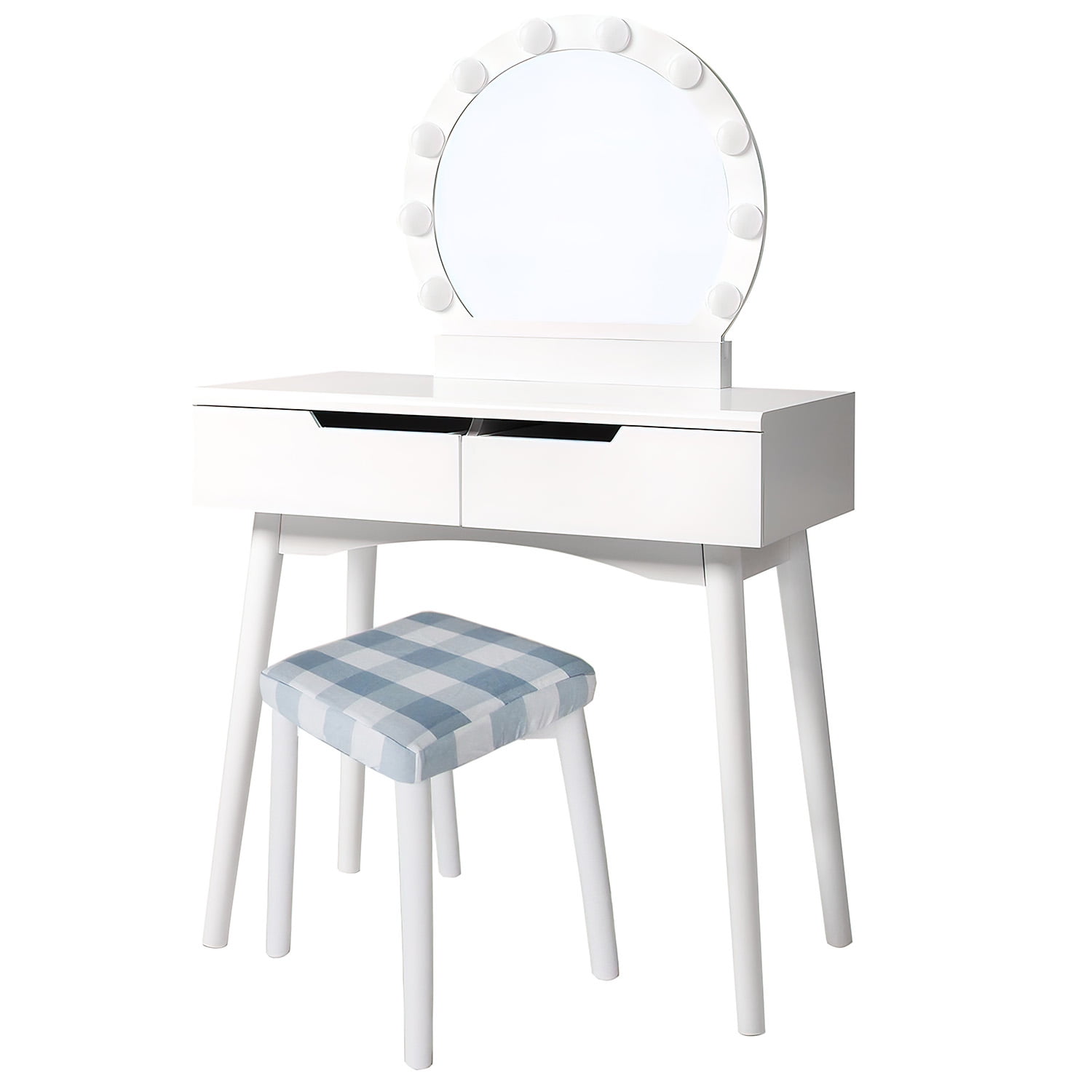 Kadyn 32" 3 Piece Vanity Dressing Table Set with LED Mirror, 2 Drawers, Cushioned Stool, White Kadyn 32" 3 Piece Vanity Dressing Table Set with LED Mirror, 2 Drawers, Cushioned Stool, White
