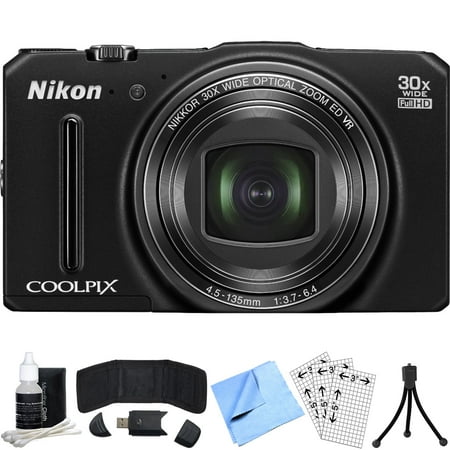 Nikon COOLPIX S9700 16MP Digital Camera (Black) Refurbished Bundle includes COOLPIX S9700, Card Reader, Mini Tripod, Screen Protectors, Cleaning Kit, Memory Card Wallet and Beach Camera Cloth