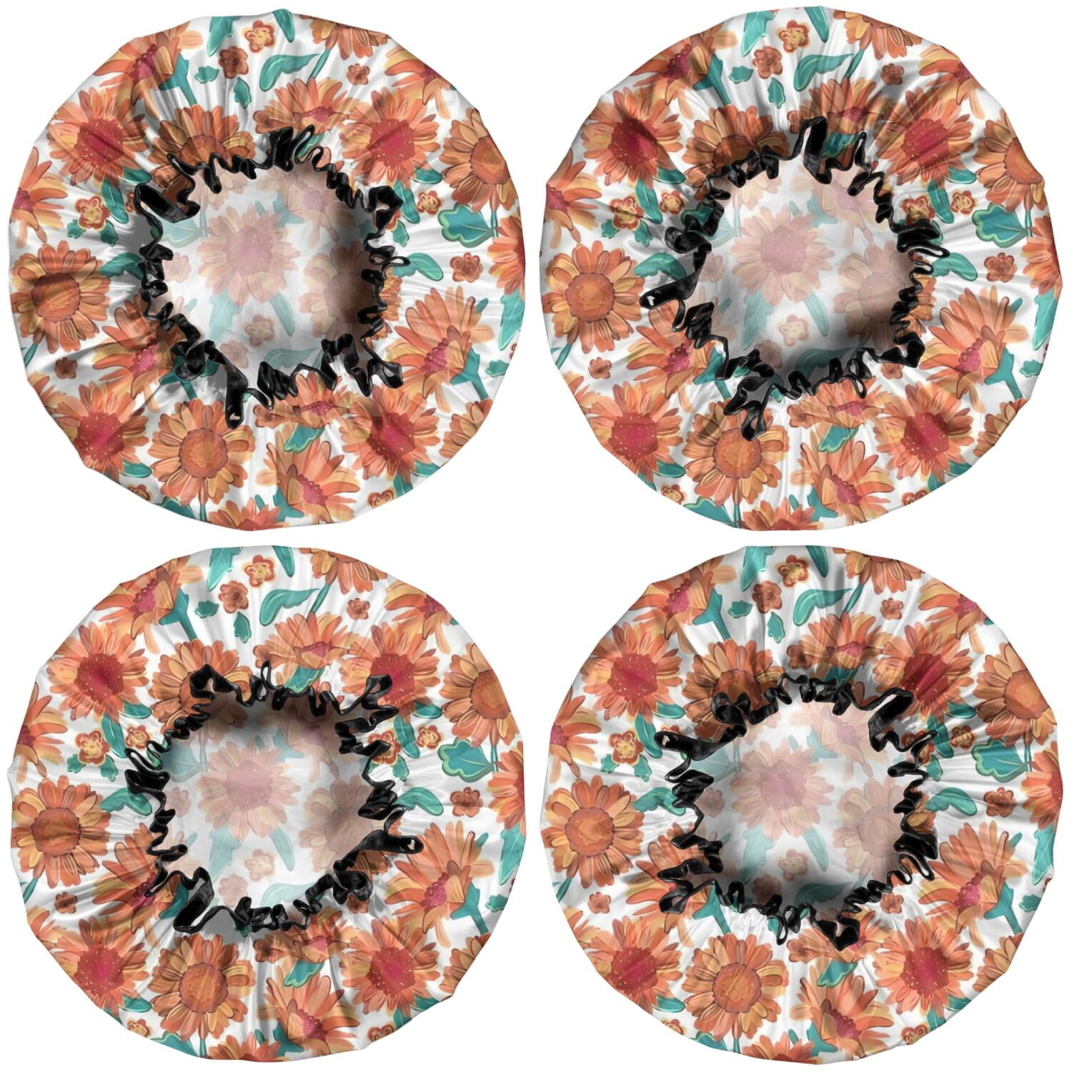 Shower Caps,White Orange Sunflower Green Leaf Pattern Waterproof Shower Cap for Women 4 Pieces,Double Reusable Hair Cover for Shower PEVA Elastic Stretch Hem
