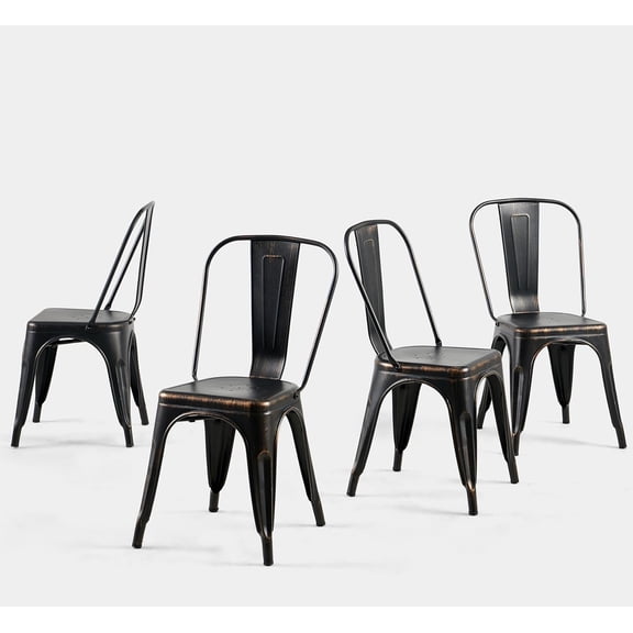 Iron Metal Dining Chairs Set of 4 Onyx Black Vintage | 18 Inch Seat Height Stackable Indoor-Outdoor Kitchen Restaurant Chair