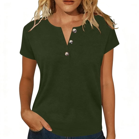 ClodeEU Women's Henley Neck Short Sleeve T-Shirt,Casual Loose Button Down Summer Tops Army Green,Women's Plus L