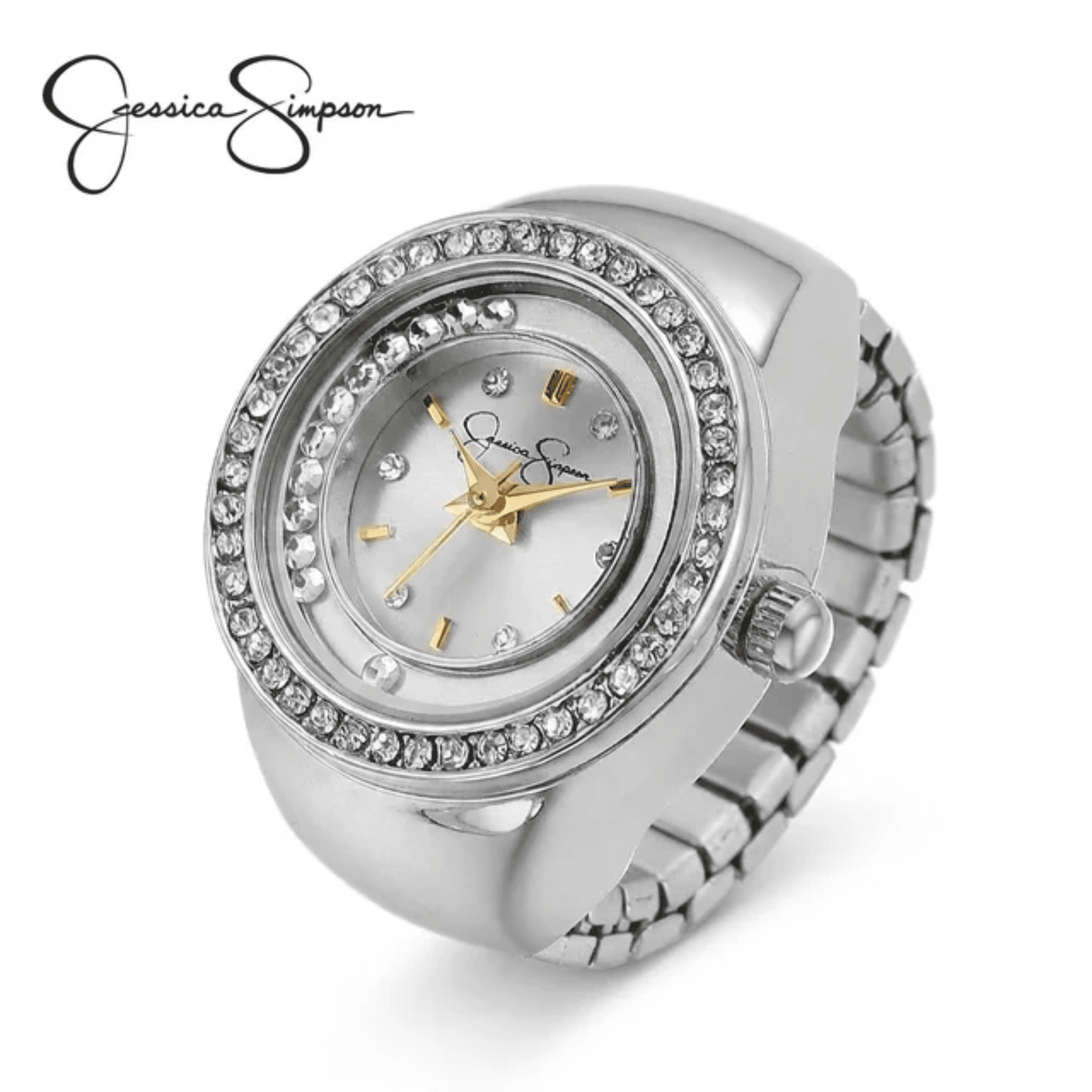 Jessica Simpson Women’s Silver Ring Watch – Adjustable Stretch Band, Crystal Bezel, Quartz Analog Mini Finger Watch