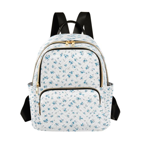 Qxltty Quilted Backpack for Women, Blue Ditsy Print Travel Daypack with Front Pocket for Casual Daily Use