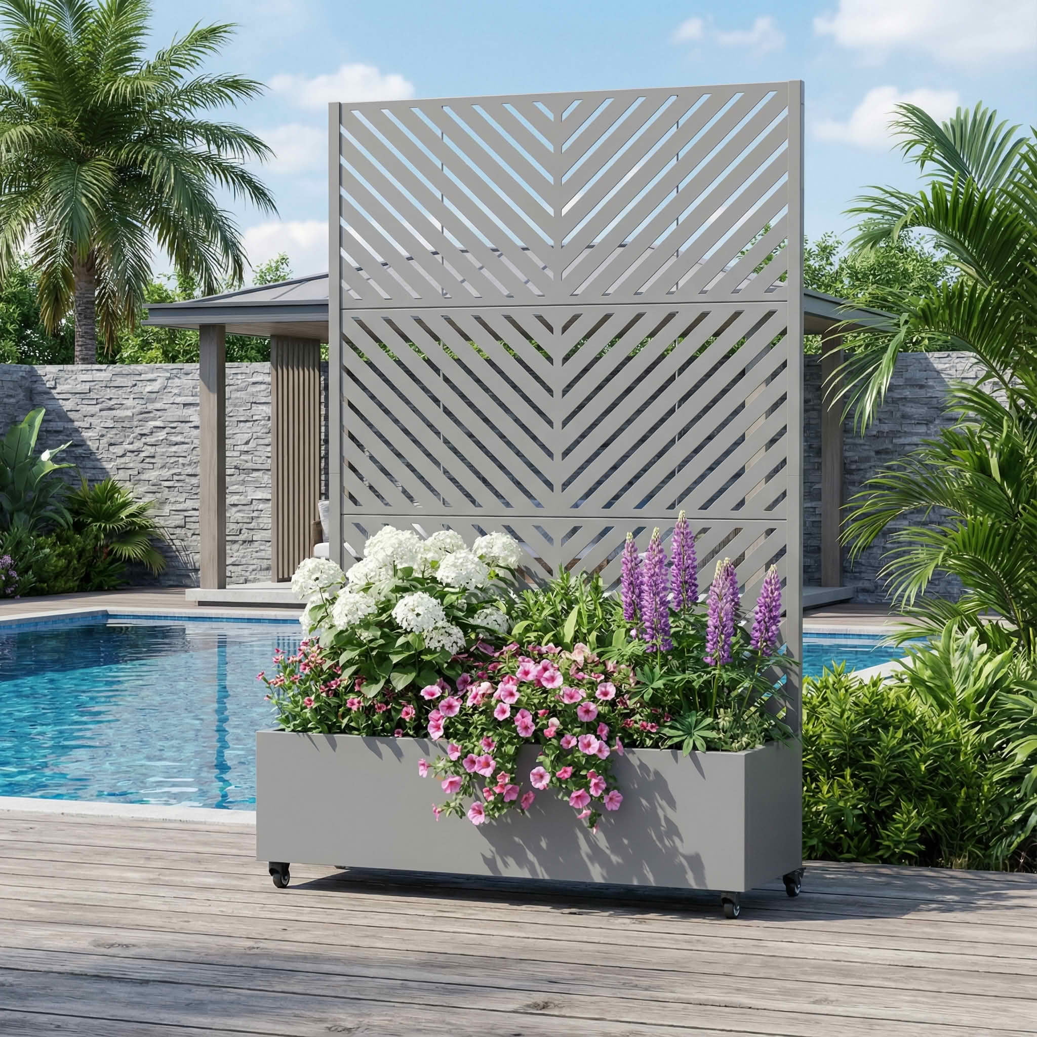 MAYEERTY 72X47" Metal Outdoor Gray Privacy Screen with Planter Box for Backyard & Garden, 3 Piece Set