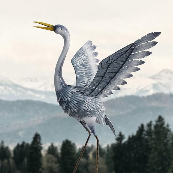 27 Inch Standing Grey Metal Crane Garden Sculptures & Statues, Crane Yard Art for Backyard, Lawn, Patio, Porch, Birthday, Wedding Decorations, 1Pc